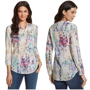Chicos Paola Ikat Floral Fusion Cotton Popover Blouse
